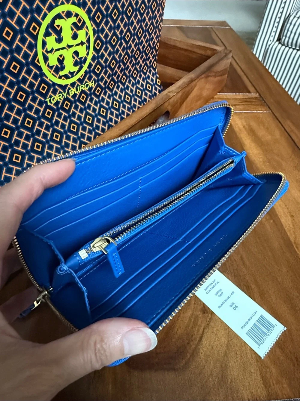 Tory Burch Bondi Blue Britten Zip Continental Wallet with Shopping Bag.